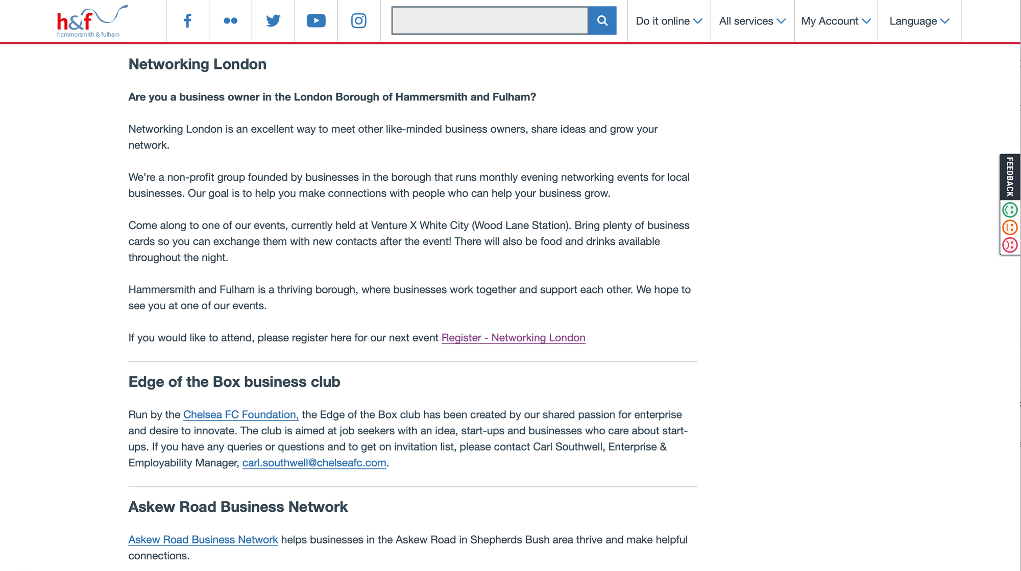 Networking London is listed as a Business Networking Resource on the London Borough of Hammersmith and Fulham Website